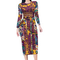 Brisbane Broncos Long Sleeve Bodycon Dress Tropical Hibiscus Floral Pattern With Maroon And Yellow Accents