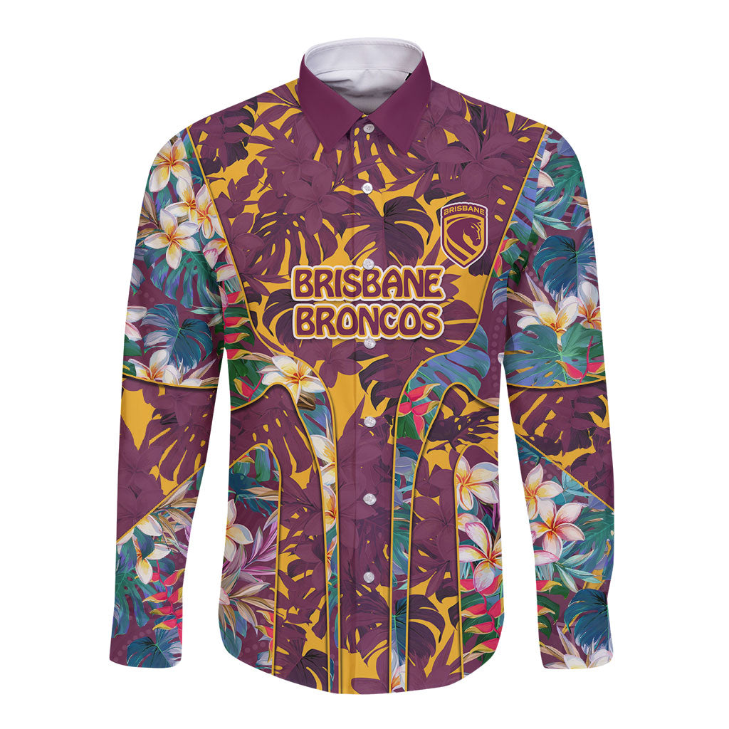 Brisbane Broncos Long Sleeve Button Shirt Tropical Hibiscus Floral Pattern With Maroon And Yellow Accents