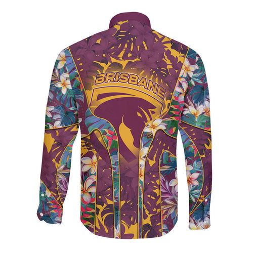 Brisbane Broncos Long Sleeve Button Shirt Tropical Hibiscus Floral Pattern With Maroon And Yellow Accents