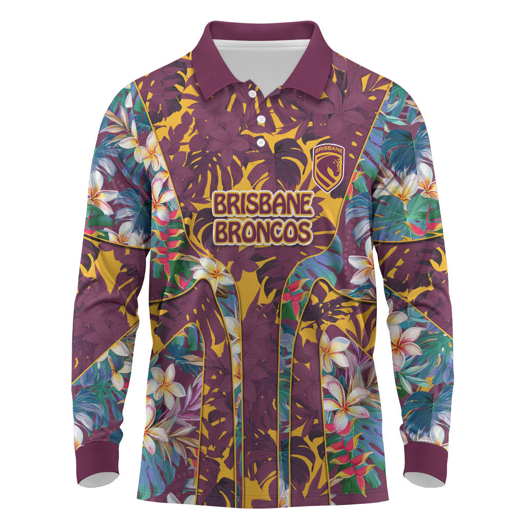 Brisbane Broncos Long Sleeve Polo Shirt Tropical Hibiscus Floral Pattern With Maroon And Yellow Accents