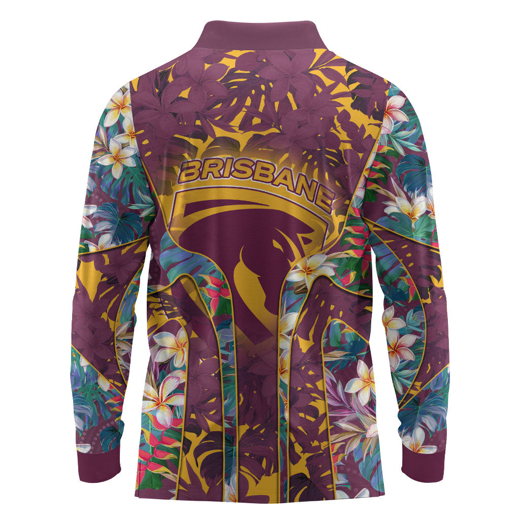Brisbane Broncos Long Sleeve Polo Shirt Tropical Hibiscus Floral Pattern With Maroon And Yellow Accents