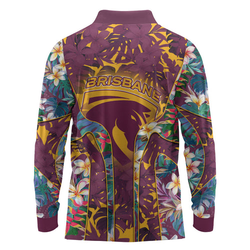 Brisbane Broncos Long Sleeve Polo Shirt Tropical Hibiscus Floral Pattern With Maroon And Yellow Accents