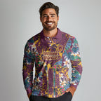 Brisbane Broncos Long Sleeve Polo Shirt Tropical Hibiscus Floral Pattern With Maroon And Yellow Accents