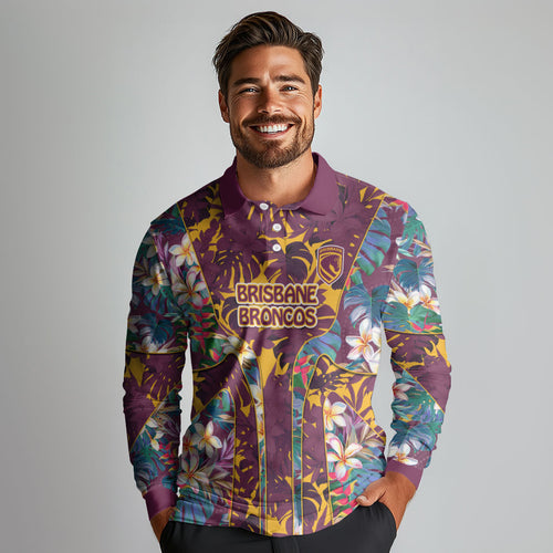 Brisbane Broncos Long Sleeve Polo Shirt Tropical Hibiscus Floral Pattern With Maroon And Yellow Accents