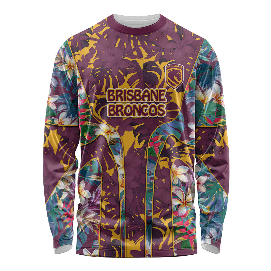 Brisbane Broncos Long Sleeve Shirt Tropical Hibiscus Floral Pattern With Maroon And Yellow Accents
