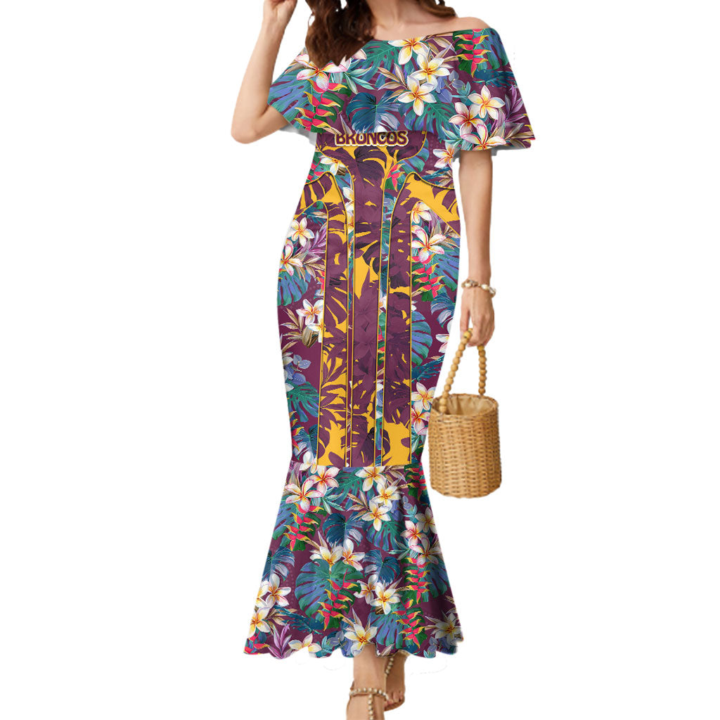 Brisbane Broncos Mermaid Dress Tropical Hibiscus Floral Pattern With Maroon And Yellow Accents