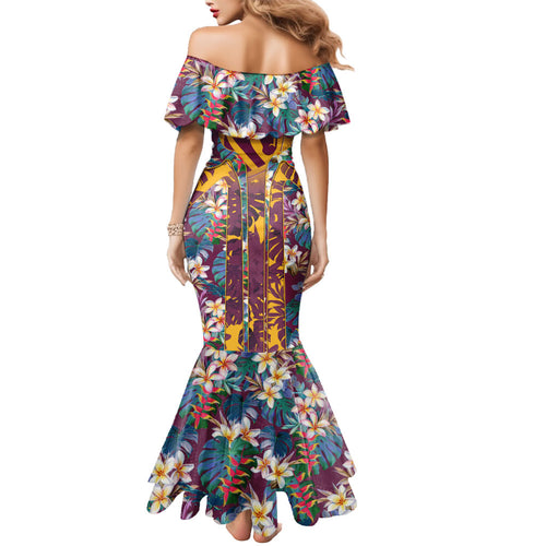 Brisbane Broncos Mermaid Dress Tropical Hibiscus Floral Pattern With Maroon And Yellow Accents