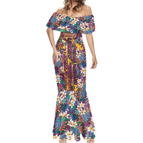 Brisbane Broncos Mermaid Dress Tropical Hibiscus Floral Pattern With Maroon And Yellow Accents