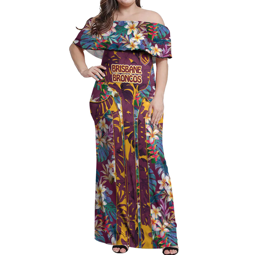 Brisbane Broncos Off Shoulder Maxi Dress Tropical Hibiscus Floral Pattern With Maroon And Yellow Accents
