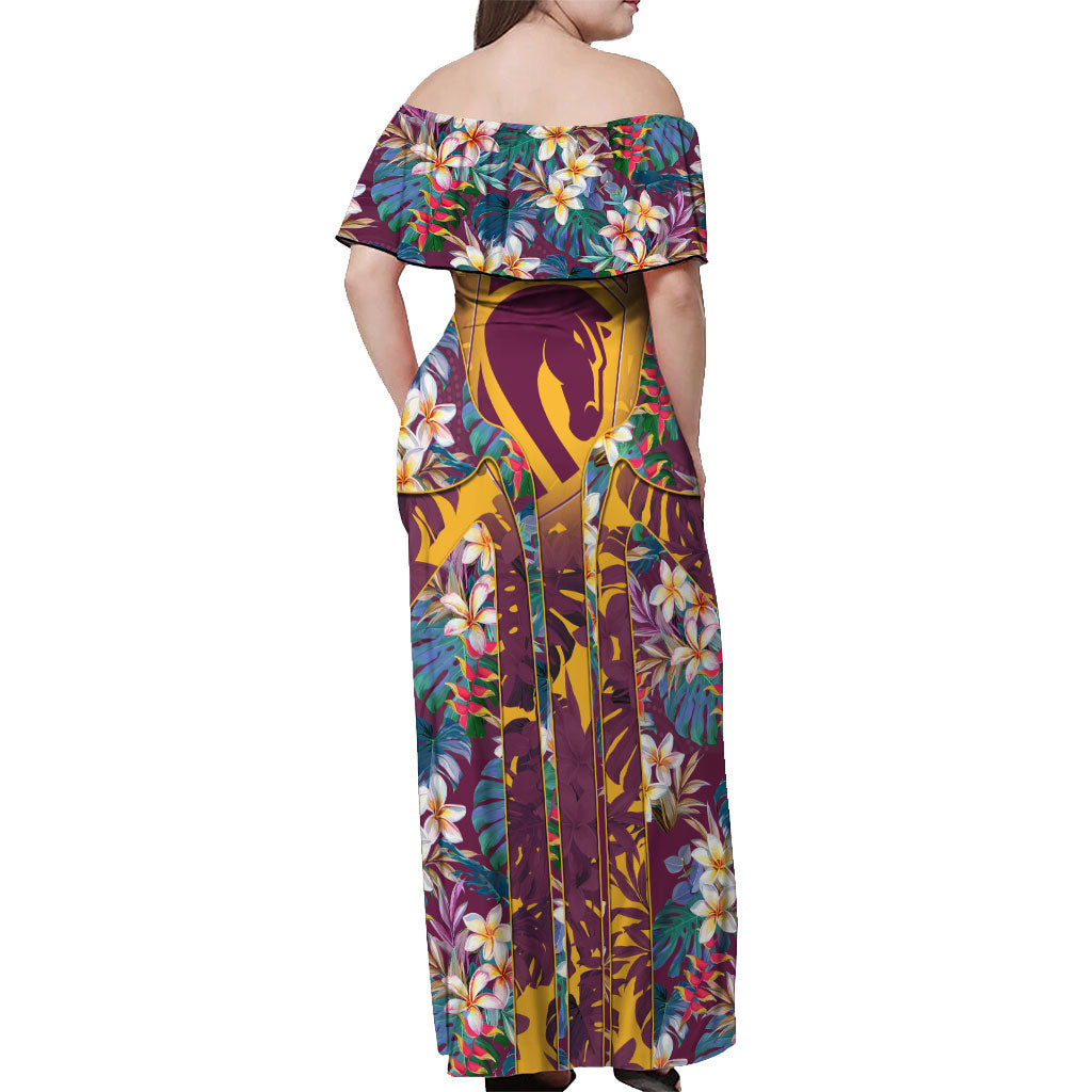 Brisbane Broncos Off Shoulder Maxi Dress Tropical Hibiscus Floral Pattern With Maroon And Yellow Accents