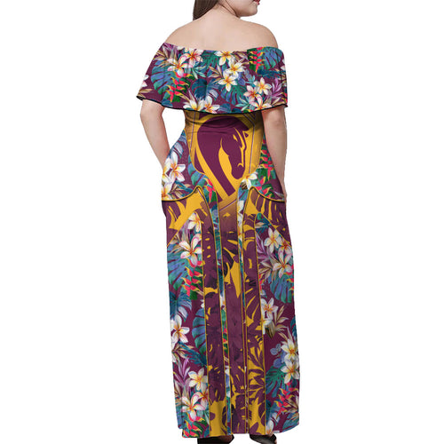 Brisbane Broncos Off Shoulder Maxi Dress Tropical Hibiscus Floral Pattern With Maroon And Yellow Accents