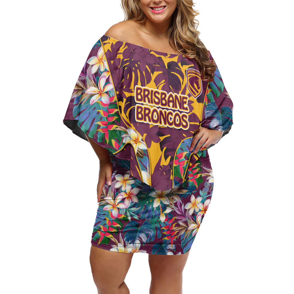 Brisbane Broncos Off Shoulder Short Dress Tropical Hibiscus Floral Pattern With Maroon And Yellow Accents