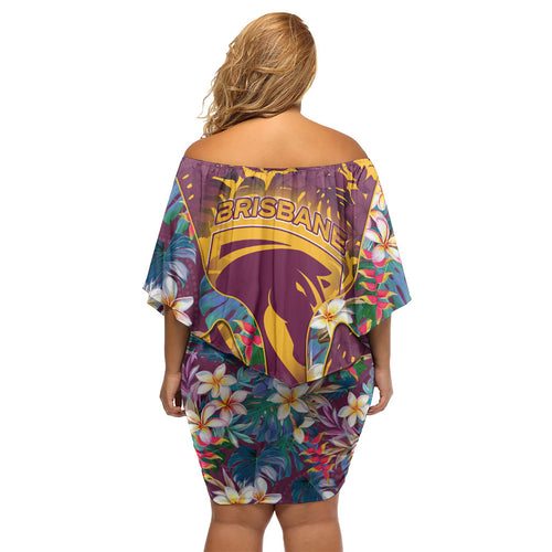 Brisbane Broncos Off Shoulder Short Dress Tropical Hibiscus Floral Pattern With Maroon And Yellow Accents