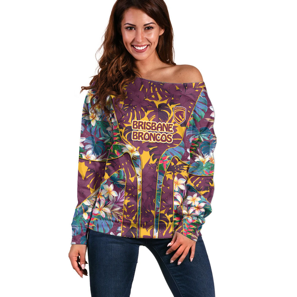 Brisbane Broncos Off Shoulder Sweater Tropical Hibiscus Floral Pattern With Maroon And Yellow Accents