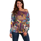 Brisbane Broncos Off Shoulder Sweater Tropical Hibiscus Floral Pattern With Maroon And Yellow Accents