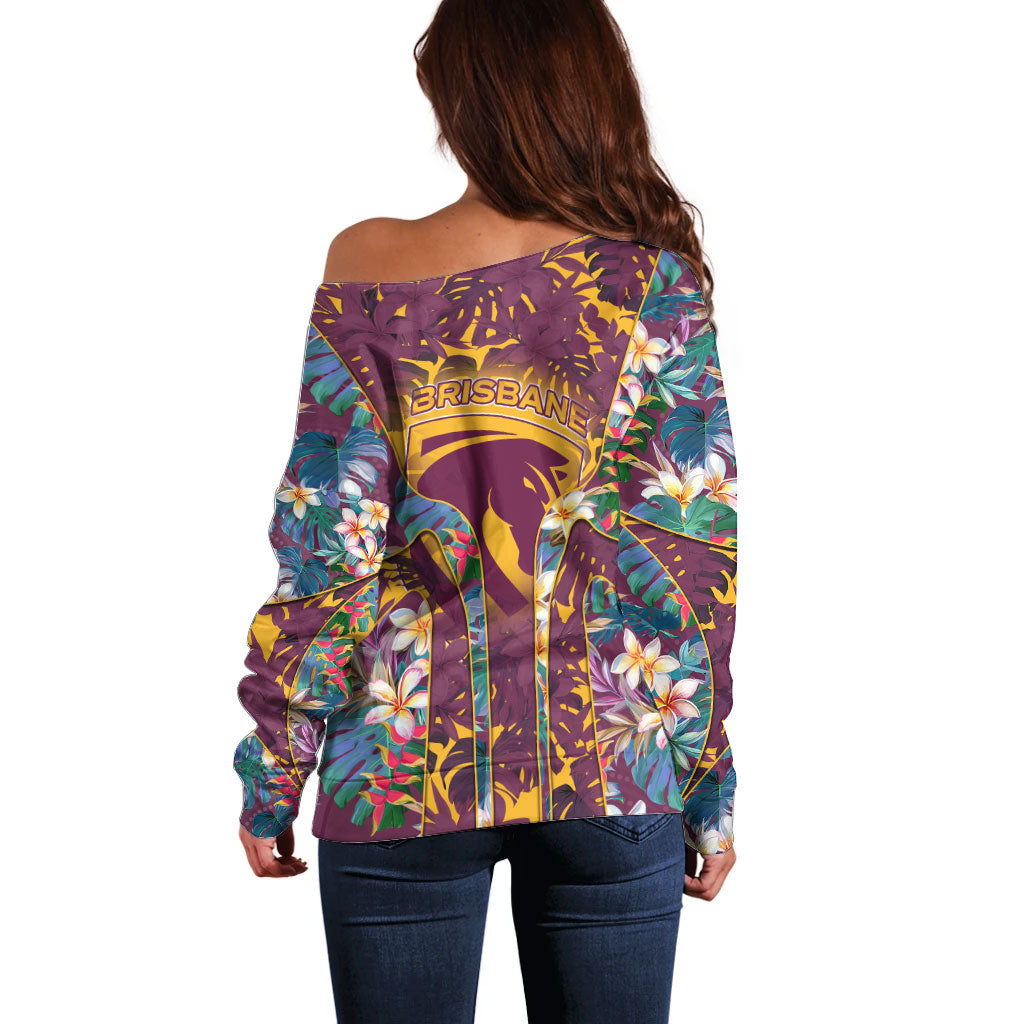 Brisbane Broncos Off Shoulder Sweater Tropical Hibiscus Floral Pattern With Maroon And Yellow Accents