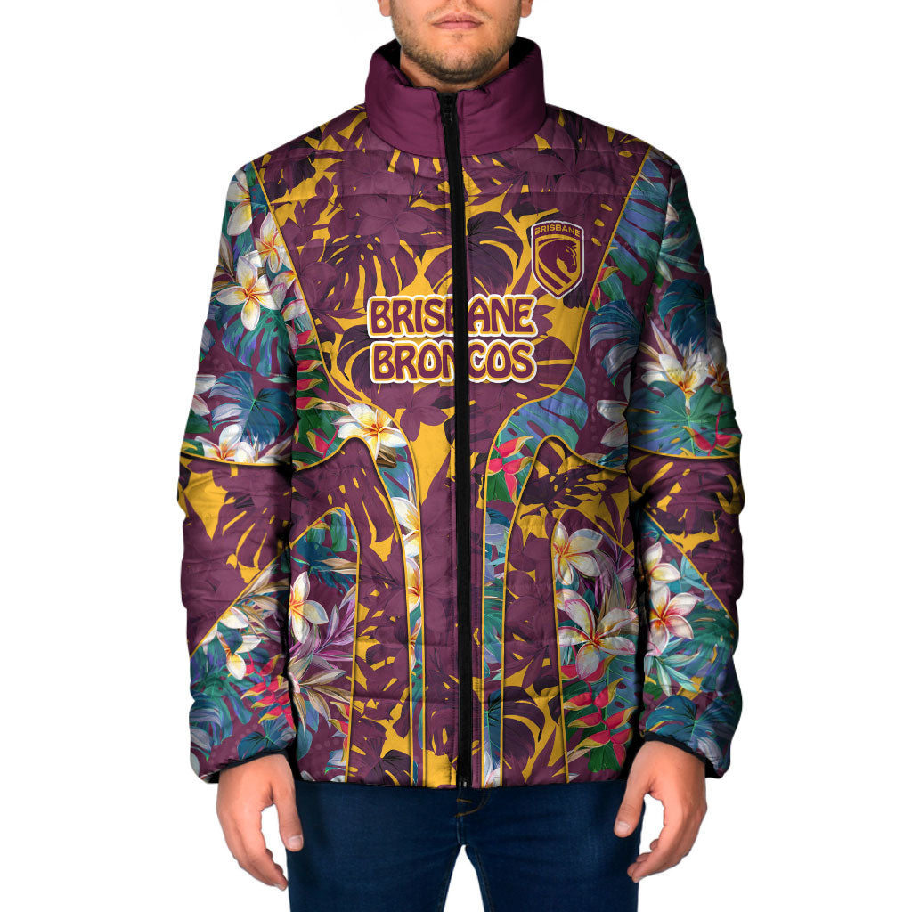 Brisbane Broncos Padded Jacket Tropical Hibiscus Floral Pattern With Maroon And Yellow Accents