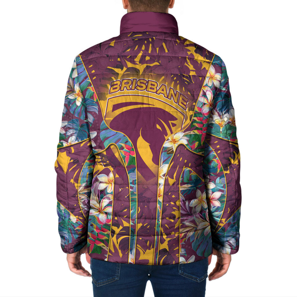 Brisbane Broncos Padded Jacket Tropical Hibiscus Floral Pattern With Maroon And Yellow Accents