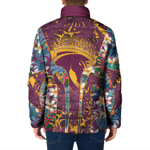 Brisbane Broncos Padded Jacket Tropical Hibiscus Floral Pattern With Maroon And Yellow Accents