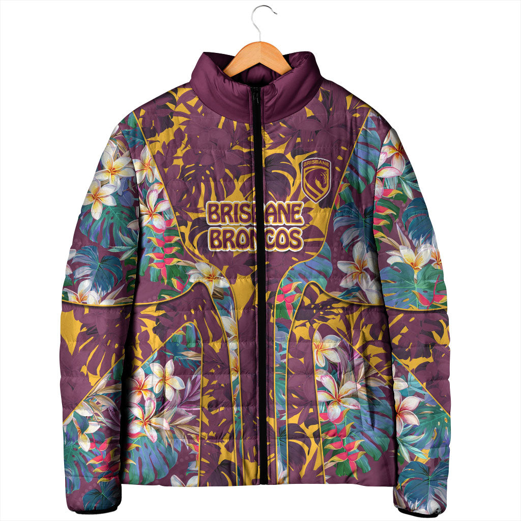Brisbane Broncos Padded Jacket Tropical Hibiscus Floral Pattern With Maroon And Yellow Accents