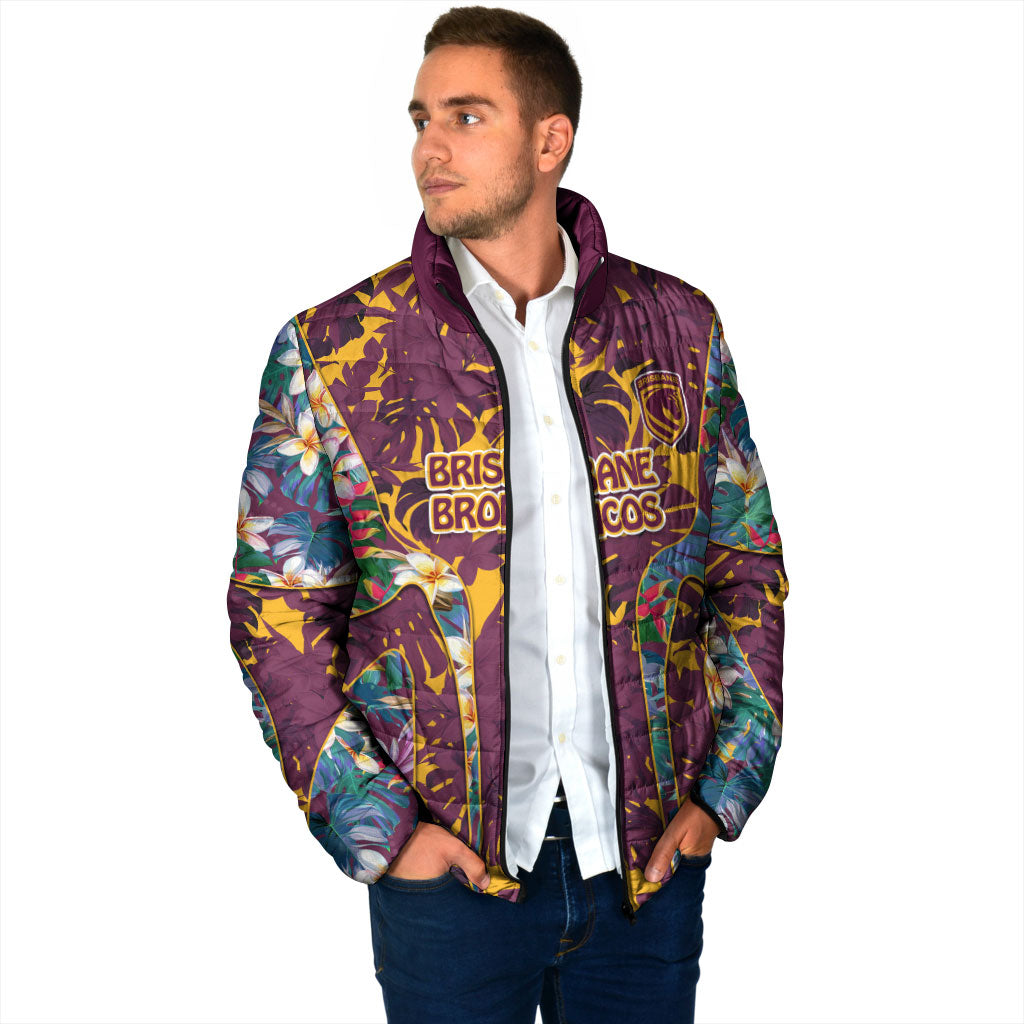 Brisbane Broncos Padded Jacket Tropical Hibiscus Floral Pattern With Maroon And Yellow Accents