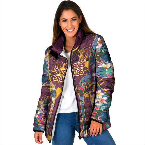 Brisbane Broncos Padded Jacket Tropical Hibiscus Floral Pattern With Maroon And Yellow Accents