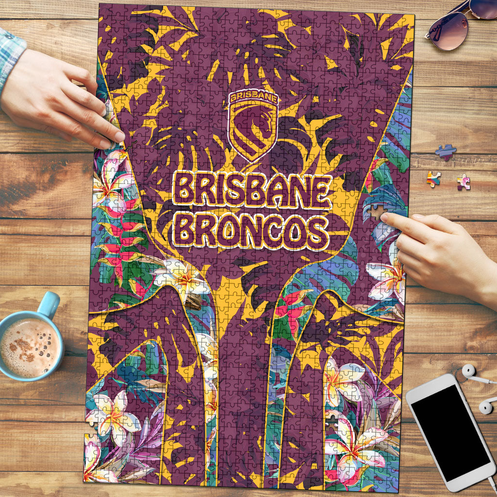 Brisbane Broncos Puzzle Tropical Hibiscus Floral Pattern With Maroon And Yellow Accents