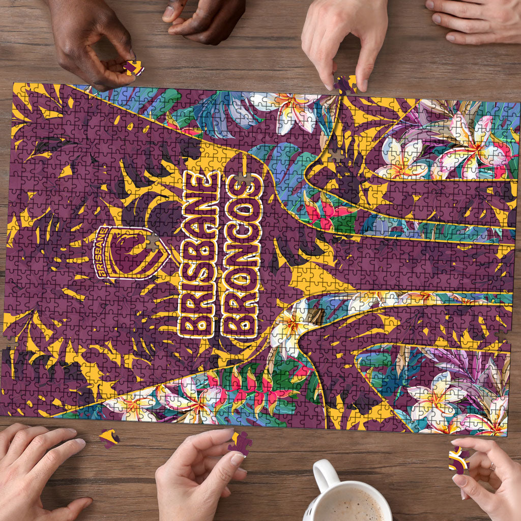 Brisbane Broncos Puzzle Tropical Hibiscus Floral Pattern With Maroon And Yellow Accents