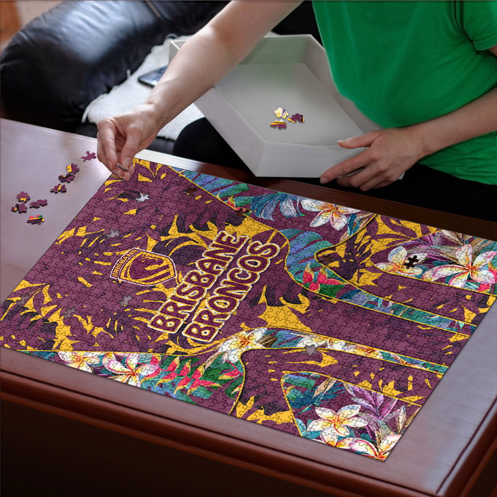 Brisbane Broncos Puzzle Tropical Hibiscus Floral Pattern With Maroon And Yellow Accents
