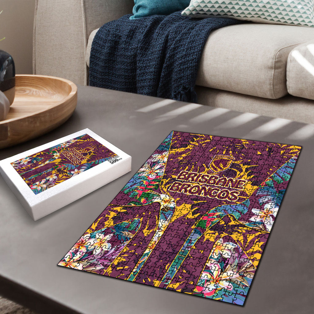 Brisbane Broncos Puzzle Tropical Hibiscus Floral Pattern With Maroon And Yellow Accents