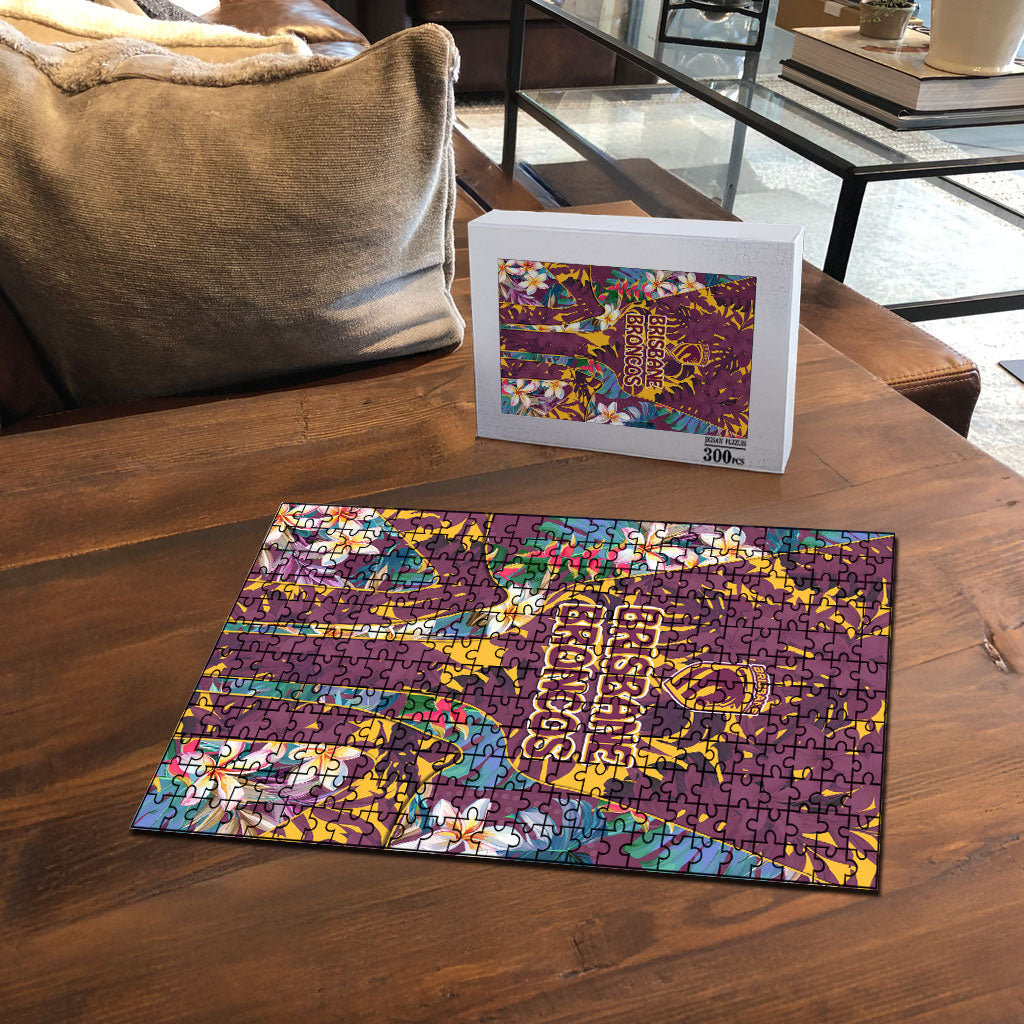 Brisbane Broncos Puzzle Tropical Hibiscus Floral Pattern With Maroon And Yellow Accents