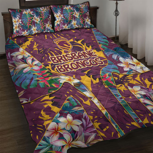 Brisbane Broncos Quilt Bed Set Tropical Hibiscus Floral Pattern With Maroon And Yellow Accents