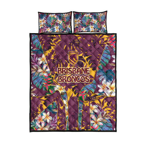 Brisbane Broncos Quilt Bed Set Tropical Hibiscus Floral Pattern With Maroon And Yellow Accents