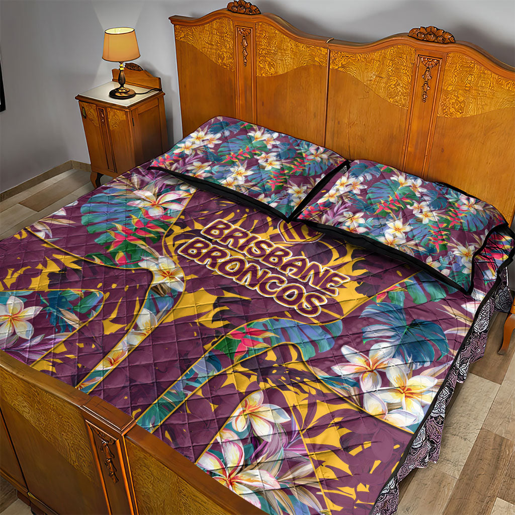 Brisbane Broncos Quilt Bed Set Tropical Hibiscus Floral Pattern With Maroon And Yellow Accents