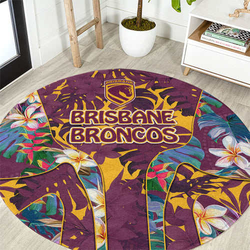 Brisbane Broncos Round Carpet Tropical Hibiscus Floral Pattern With Maroon And Yellow Accents