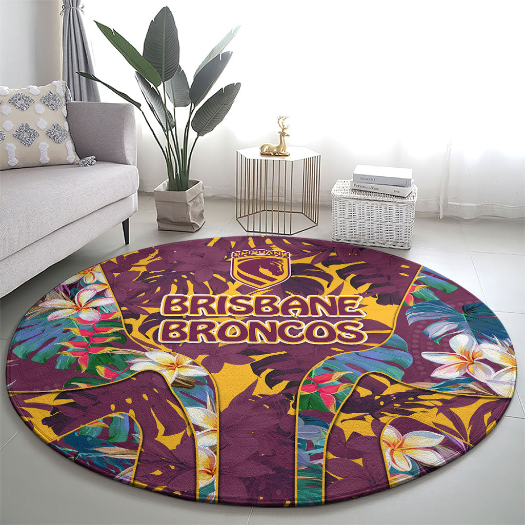 Brisbane Broncos Round Carpet Tropical Hibiscus Floral Pattern With Maroon And Yellow Accents