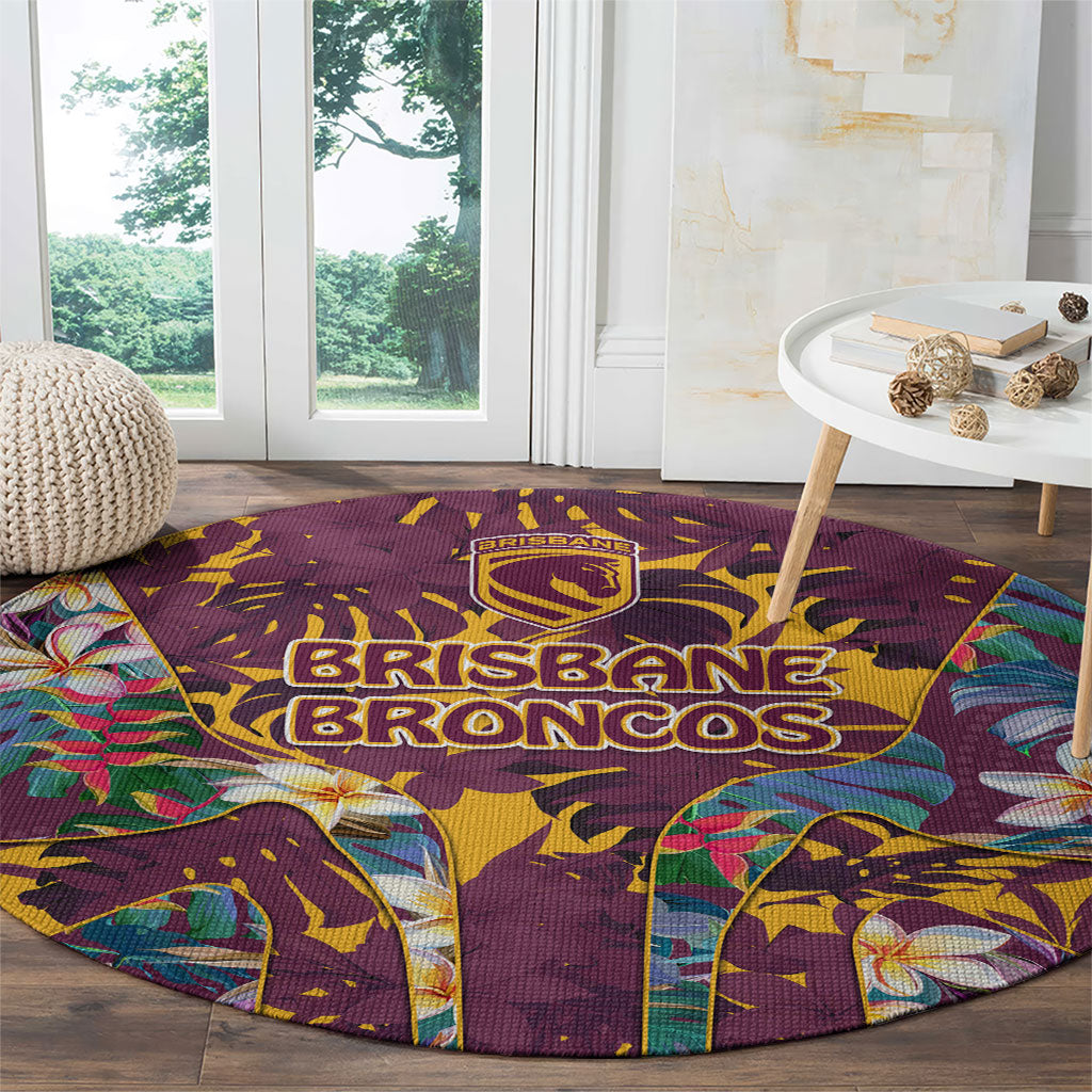 Brisbane Broncos Round Carpet Tropical Hibiscus Floral Pattern With Maroon And Yellow Accents