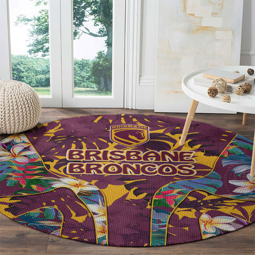Brisbane Broncos Round Carpet Tropical Hibiscus Floral Pattern With Maroon And Yellow Accents