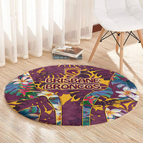 Brisbane Broncos Round Carpet Tropical Hibiscus Floral Pattern With Maroon And Yellow Accents