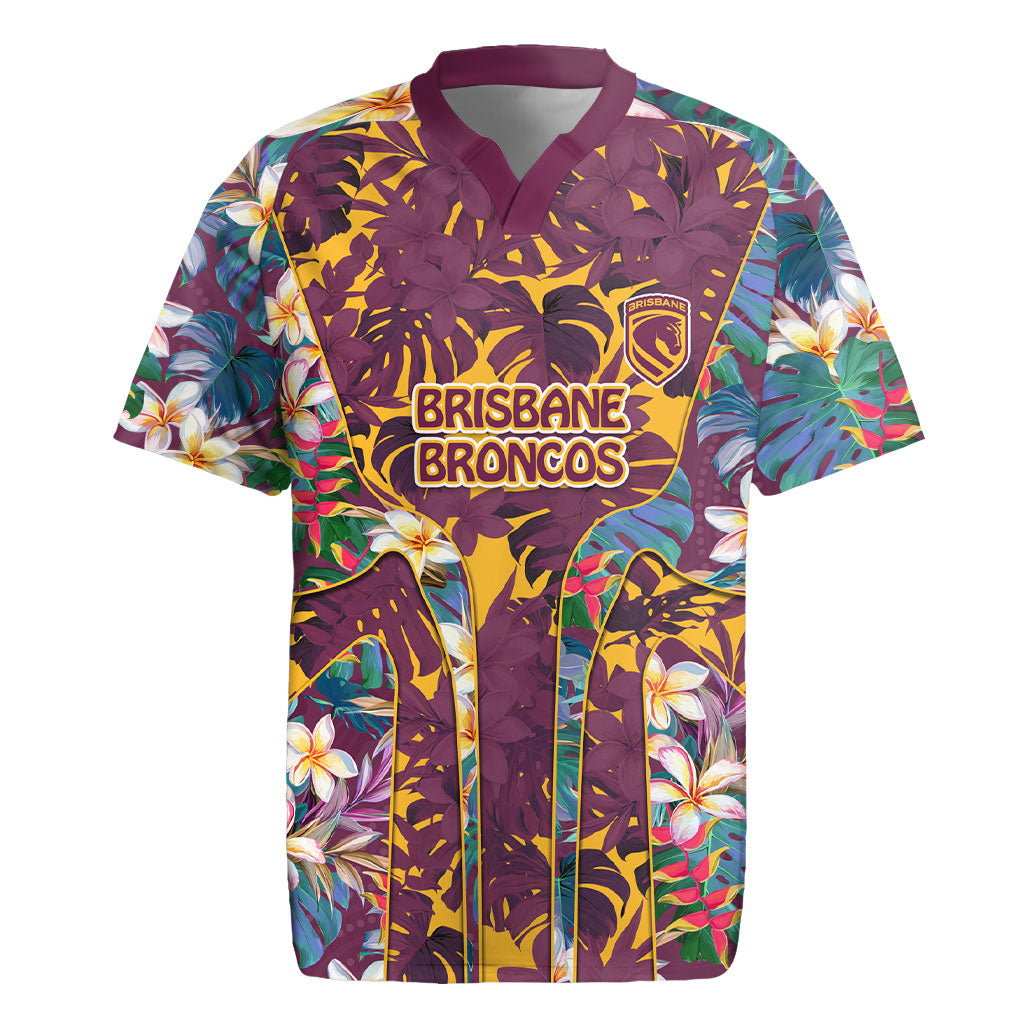 Brisbane Broncos Rugby Jersey Tropical Hibiscus Floral Pattern With Maroon And Yellow Accents