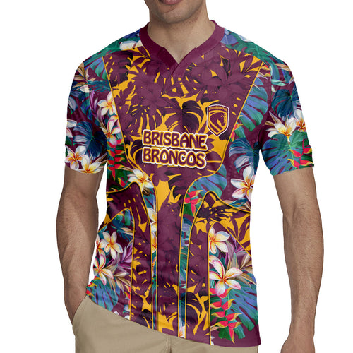 Brisbane Broncos Rugby Jersey Tropical Hibiscus Floral Pattern With Maroon And Yellow Accents