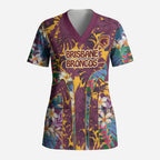 Brisbane Broncos Scrub Top Tropical Hibiscus Floral Pattern With Maroon And Yellow Accents