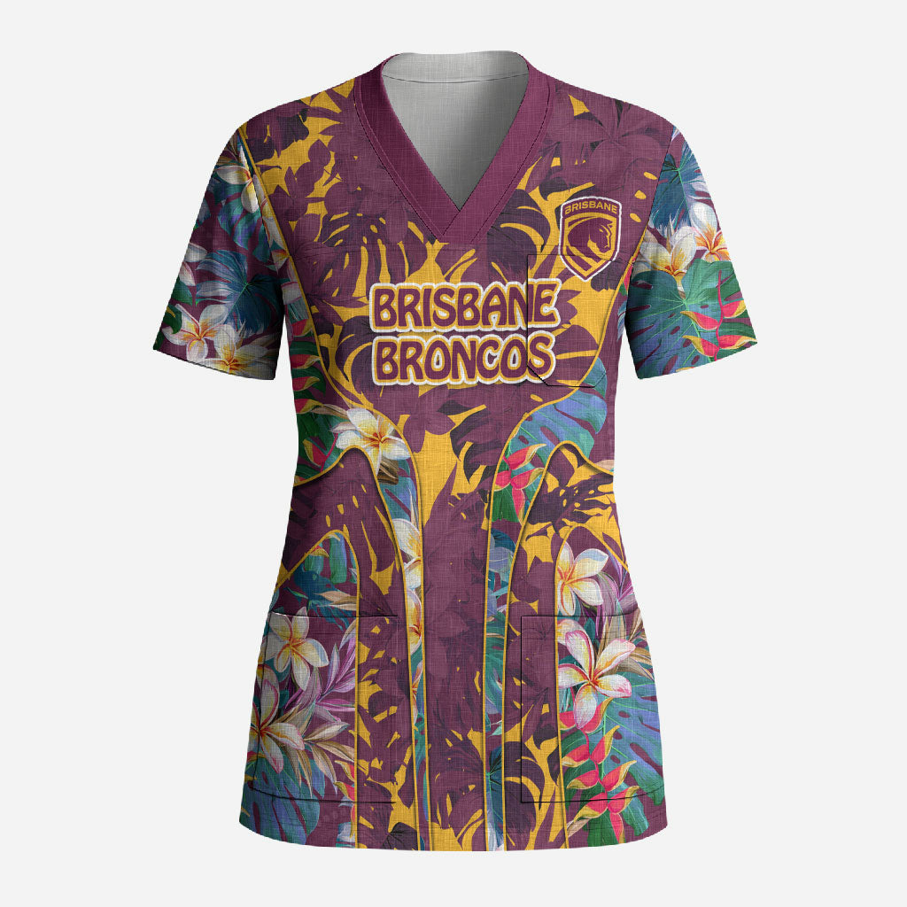 Brisbane Broncos Scrub Top Tropical Hibiscus Floral Pattern With Maroon And Yellow Accents