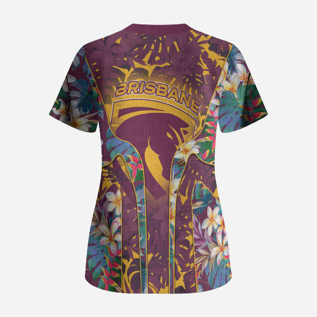 Brisbane Broncos Scrub Top Tropical Hibiscus Floral Pattern With Maroon And Yellow Accents