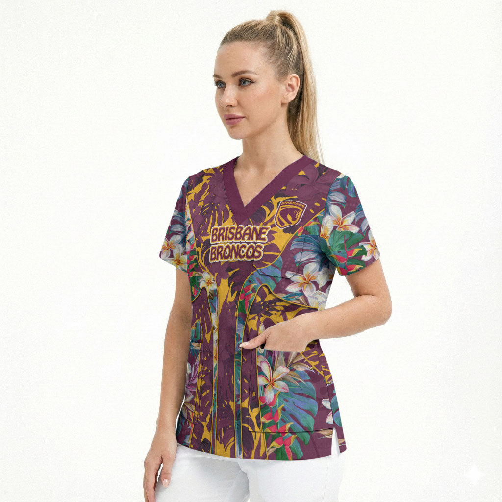 Brisbane Broncos Scrub Top Tropical Hibiscus Floral Pattern With Maroon And Yellow Accents