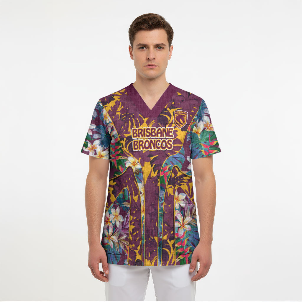 Brisbane Broncos Scrub Top Tropical Hibiscus Floral Pattern With Maroon And Yellow Accents