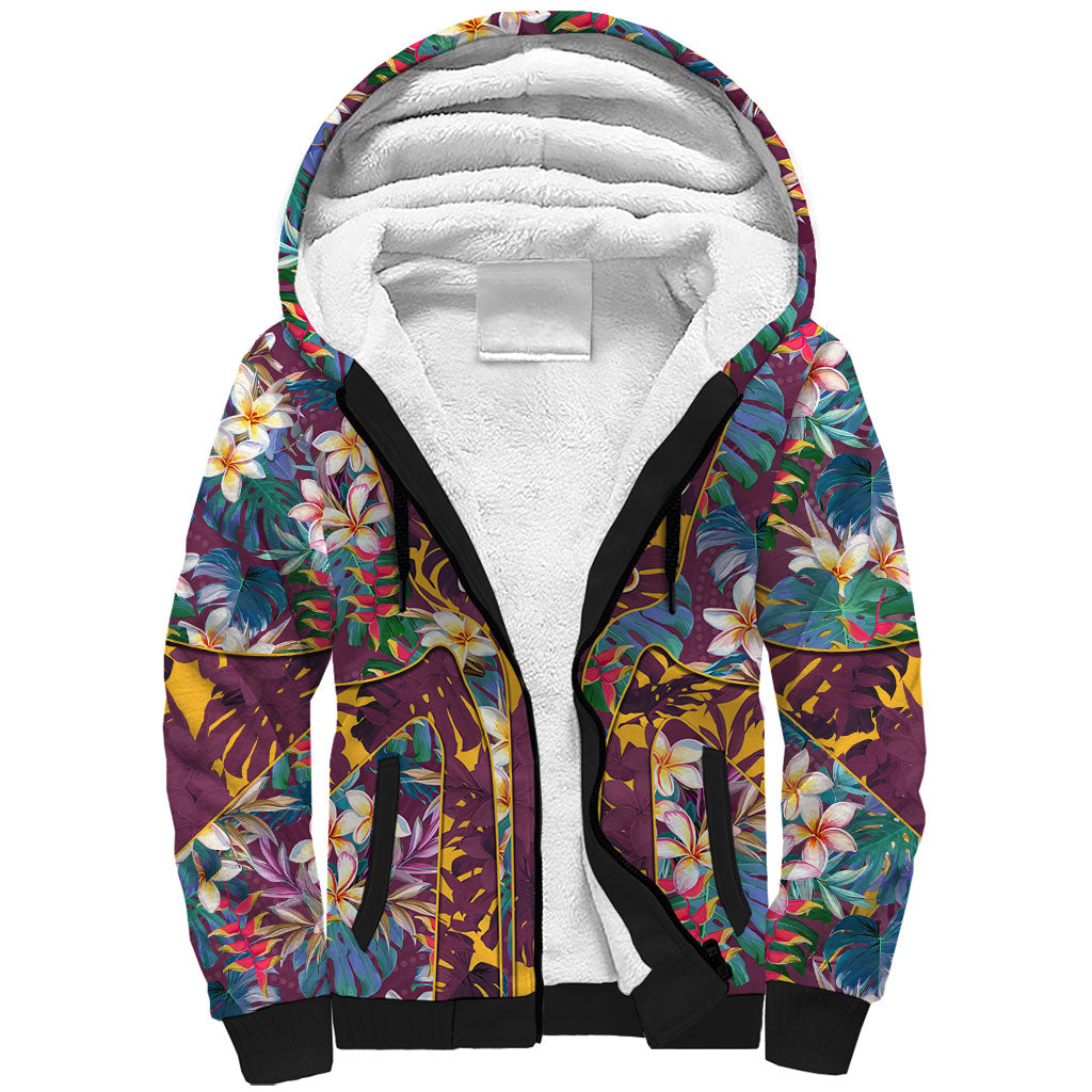 Brisbane Broncos Sherpa Hoodie Tropical Hibiscus Floral Pattern With Maroon And Yellow Accents