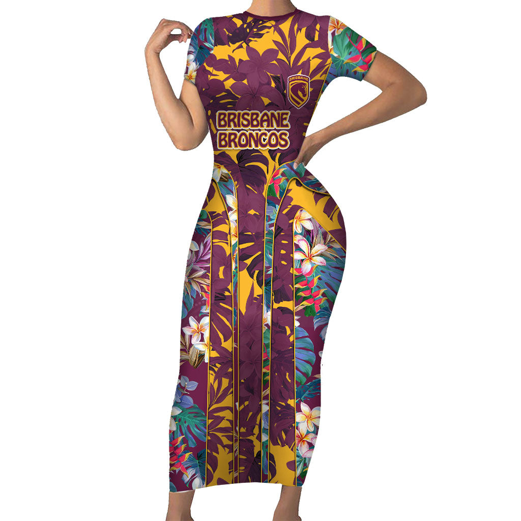 Brisbane Broncos Short Sleeve Bodycon Dress Tropical Hibiscus Floral Pattern With Maroon And Yellow Accents