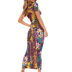 Brisbane Broncos Short Sleeve Bodycon Dress Tropical Hibiscus Floral Pattern With Maroon And Yellow Accents