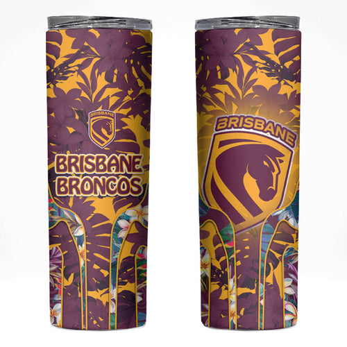Brisbane Broncos Skinny Tumbler Tropical Hibiscus Floral Pattern With Maroon And Yellow Accents